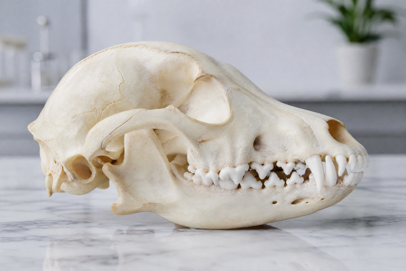 Cráneo y dentadura de animal carnívoro en mesa de laboratorio, estudio de biología evolutiva para nutrición primal.