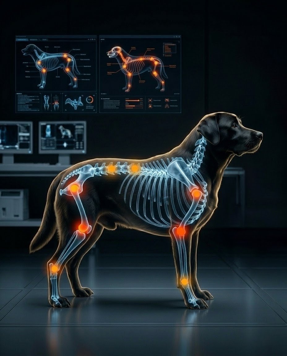 Esquema radiográfico de perro con sobrepeso mostrando puntos de inflamación sistémica en articulaciones y órganos vitales, análisis técnico.