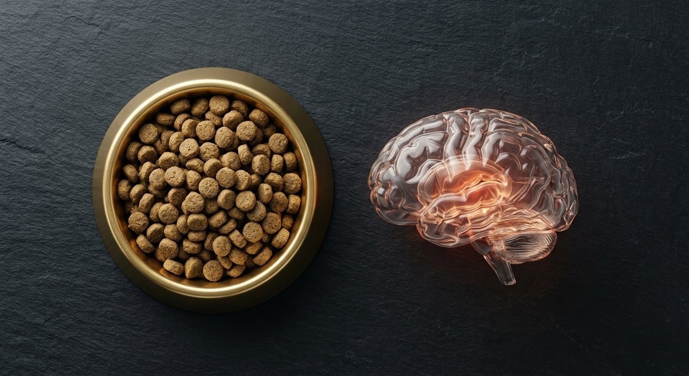 Modelo anatómico de un cerebro canino con inflamación térmica junto a un cuenco de pienso seco ultraprocesado. Representación clínica de la neuroinflamación y el eje intestino-cerebro en perros.