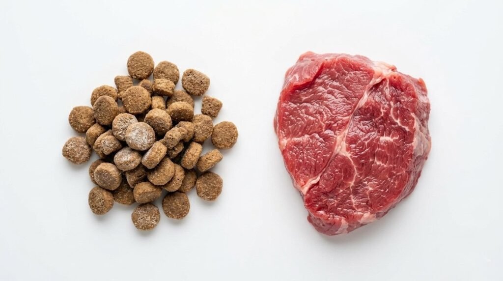 Fotografía cenital sobre fondo blanco puro que muestra un fuerte contraste visual: a la izquierda, un montón desordenado de croquetas secas y granuladas de pienso marrón para mascotas; a la derecha, una pieza fresca y cruda de carne roja veteada con grasa, yuxtapuestas en una comparación directa de alimentos.