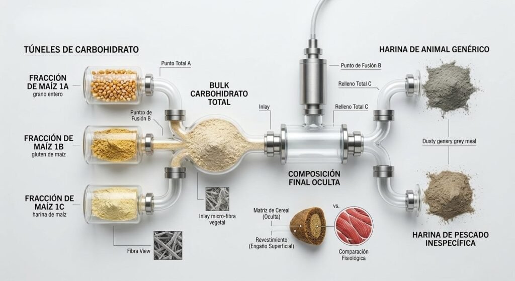 Macrofotografía cenital sobre fondo blanco puro que muestra un sofisticado diagrama analítico conceptual de laboratorio de Auditoría CANF. Un dispositivo de vidrio y acero ramificado ilustra los "Túneles de Carbohidrato" y el "Fraccionamiento de Ingredientes". Varios granos y harinas de maíz entero, gluten de maíz y harina de maíz se alimentan desde la izquierda a un gran "BULK CARBOHIDRATO TOTAL". Desde la derecha, harinas de animales genéricas e inespecíficas se alimentan a la misma cámara de fusión central labeled "COMPOSICIÓN FINAL OCULTA". Pequeñas etiquetas y gráficos detallan el proceso, incluyendo una vista en sección de una croqueta.