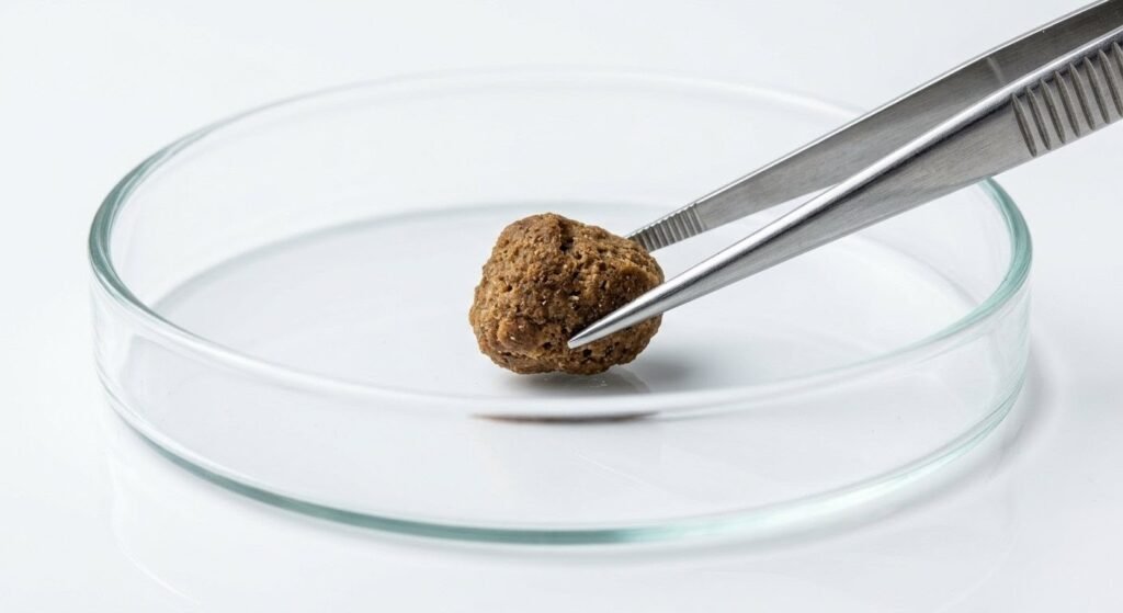 Pinzas quirúrgicas sosteniendo croqueta de pienso industrial sobre placa de Petri en laboratorio clínico. Análisis forense de ingredientes y toxicidad en nutrición canina.
