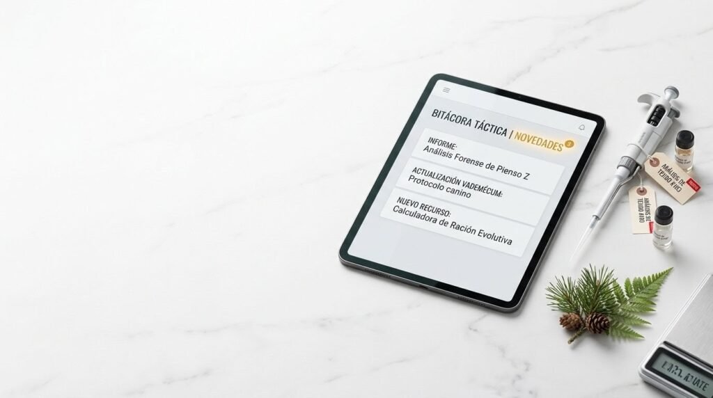 Pantalla digital minimalista y cronómetro de latón sobre mármol blanco. Bitácora de novedades y alertas tácticas sobre nutrición canina evolutiva.
