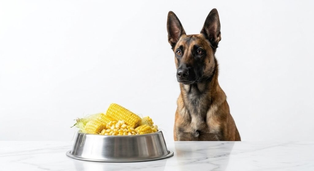 Perro malinois mirando un cuenco con maíz fresco sobre una mesa de mármol blanco como alternativa a la dieta industrial.