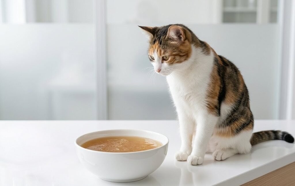 Un gato tricolor sentado en una encimera blanca, mirando atentamente un gran tazón de caldo de hueso para mascotas. Junto al tazón hay una balanza digital y frascos de medir.