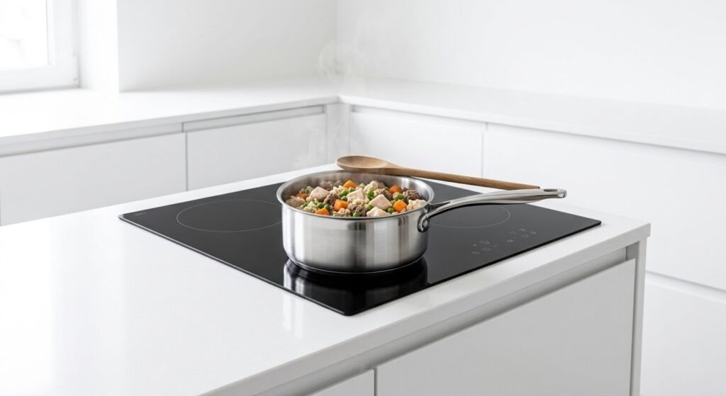 Una olla de acero inoxidable con comida natural cocinada para mascotas (carne magra, zanahorias y guisantes) sobre una placa de inducción negra en una cocina moderna y totalmente blanca. Un cucharón de madera está sobre la olla.