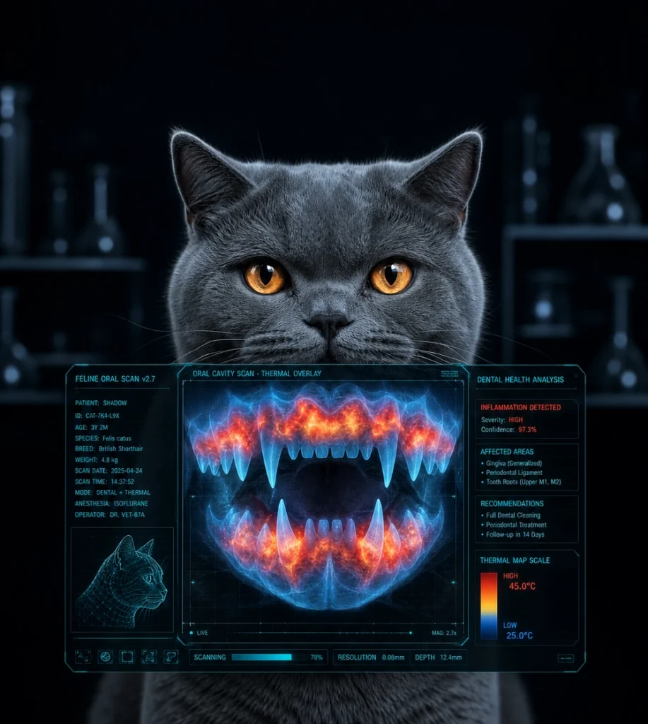 Ilustración científica de un gato con una visualización digital de inflamación dental y enfermedad periodontal bajo las encías.
