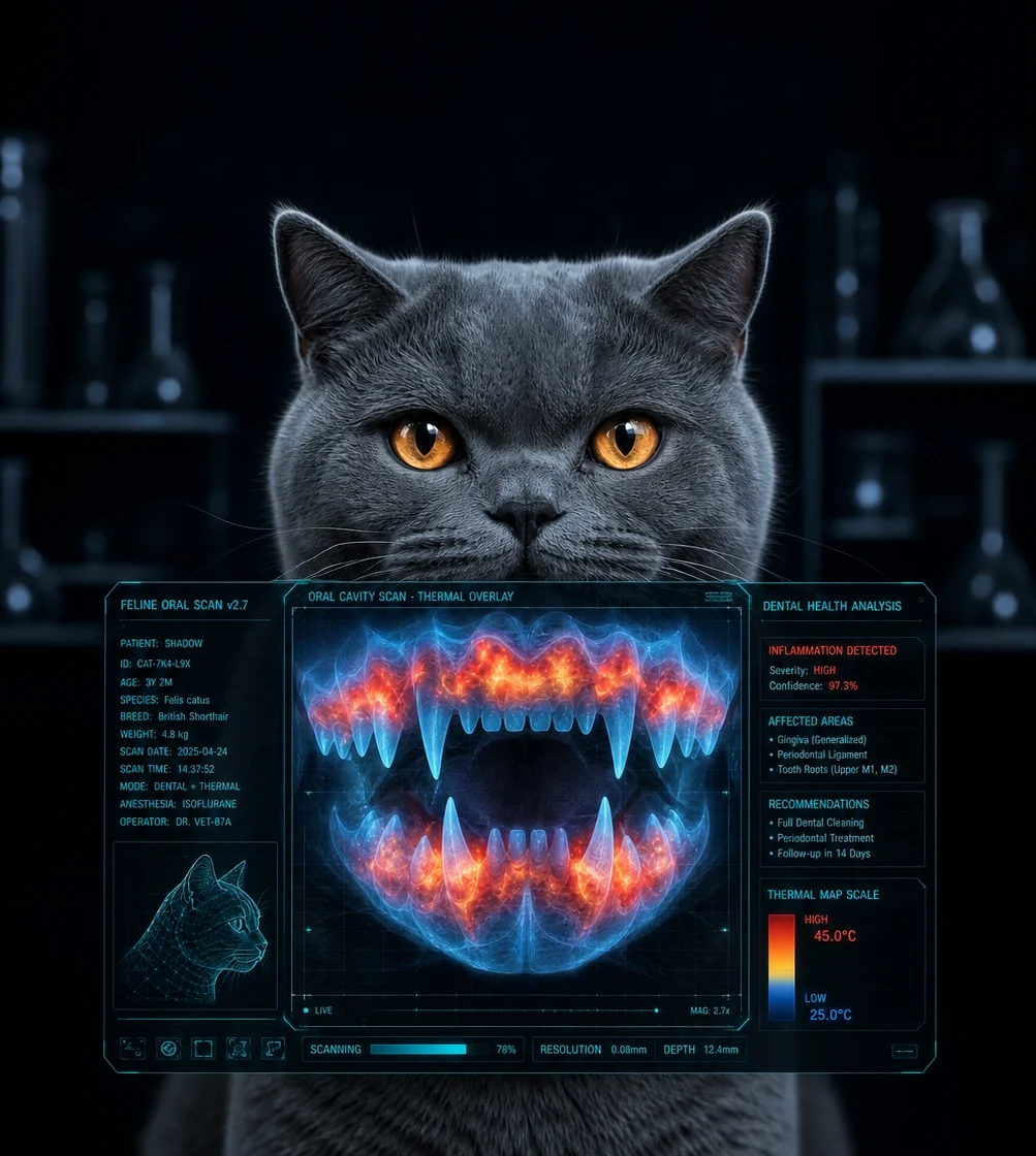 Ilustración científica de un gato con una visualización digital de inflamación dental y enfermedad periodontal bajo las encías.