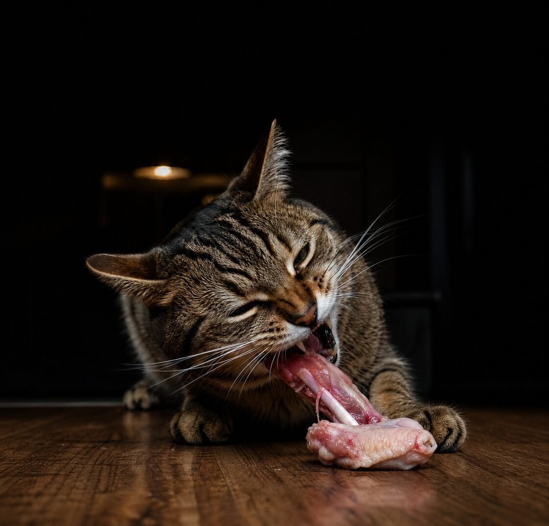 Gato masticando una pieza de carne cruda con hueso carnoso sobre una superficie de madera, realizando una limpieza dental natural mediante el desgarro de tejidos y la trituración del hueso.