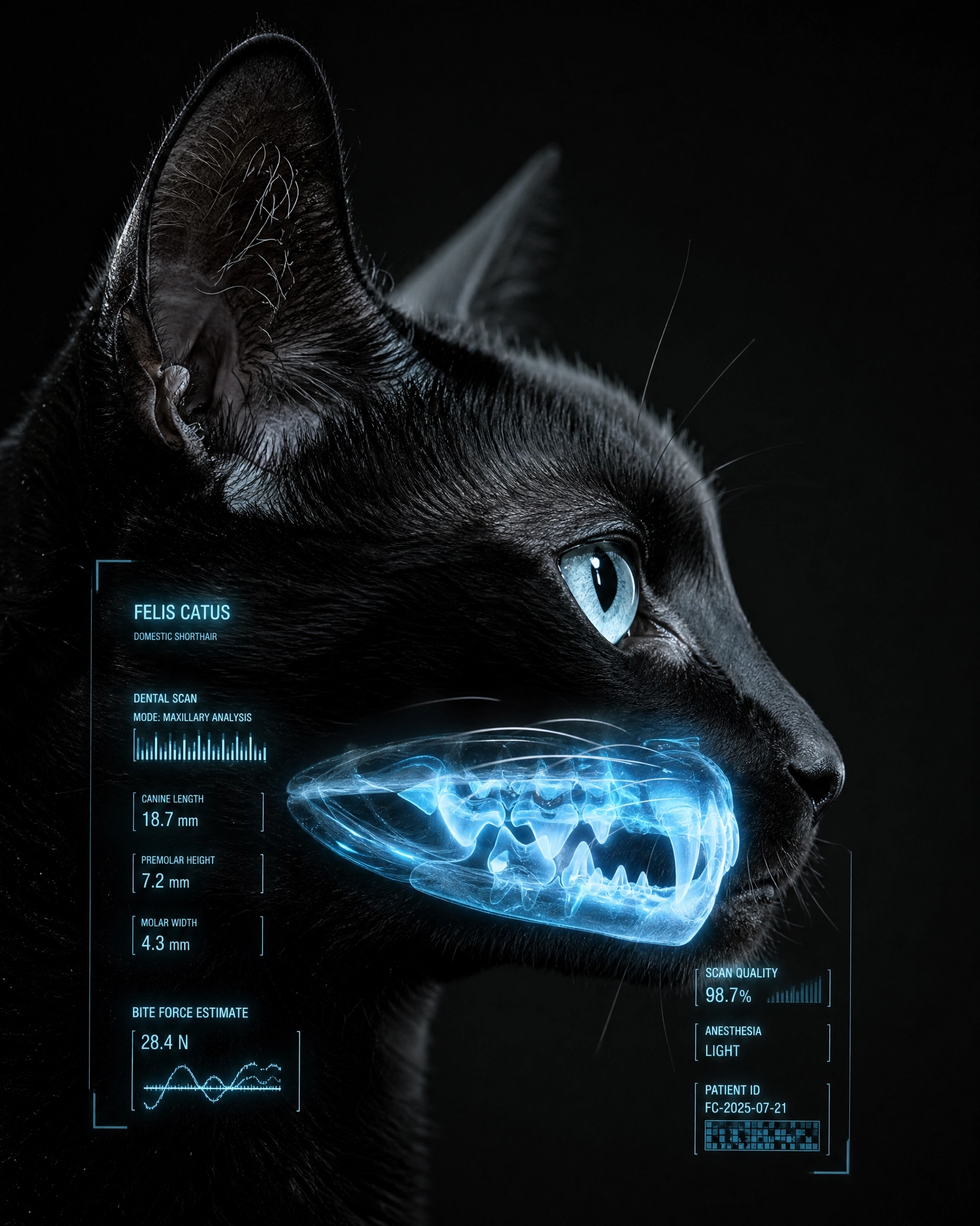 Fotografía macro de perfil de un gato negro en un entorno oscuro de laboratorio clínico. Sobre su boca se proyecta un escáner dental holográfico en color azul cyan, mostrando la estructura ósea maxilar y datos biométricos. Representación tecnológica de la salud dental felina, nutrición evolutiva y fisiología del carnívoro estricto frente a dietas comerciales.