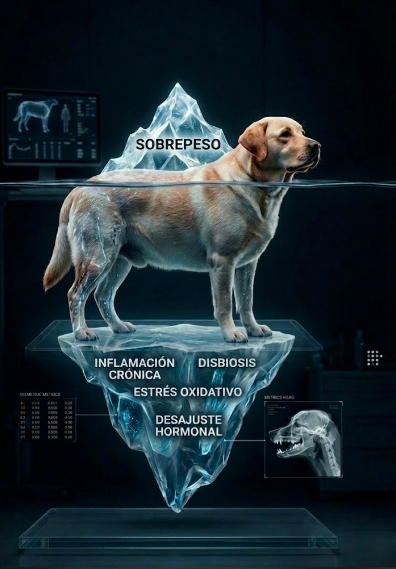 Imagen conceptual de alto impacto visual: un perro labrador de pie sobre un iceberg que flota en un entorno oscuro de laboratorio. La parte superior muestra 'Sobrepeso'. La parte sumergida y visible del iceberg contiene las etiquetas: 'Inflamación crónica', 'Disbiosis', 'Estrés oxidativo' y 'Desajuste hormonal'. Incluye un escáner craneal lateral y datos biométricos en los laterales, transmitiendo un enfoque de diagnóstico médico y biológico sobre la obesidad canina