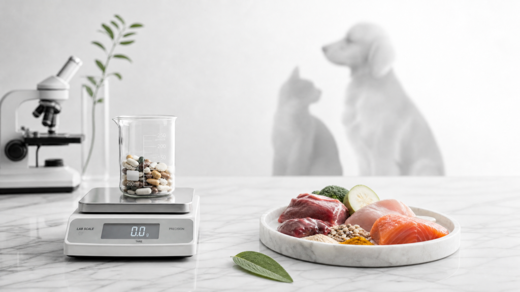 Auditoría nutricional científica para perros y gatos: balanza de precisión junto a alimentos naturales crudos y suplementos en un entorno de laboratorio minimalista.