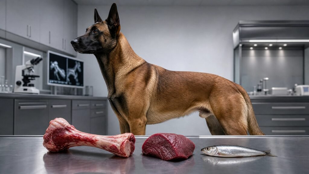 Perro Malinois atlético en laboratorio clínico junto a una dieta de presa entera de alta precisión para nutrición evolutiva.