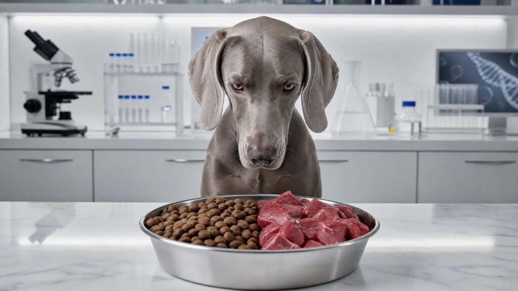 Perro Weimaraner frente a un bol con comparación visual entre pienso extrusionado y carne cruda fresca en entorno de laboratorio.