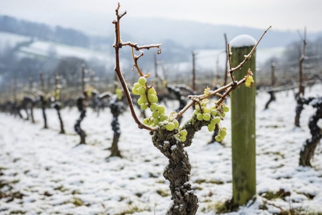 Snødekte vinranker av kuldebestandige druer som Solaris og Nero på Ressursbase Gård i Norge