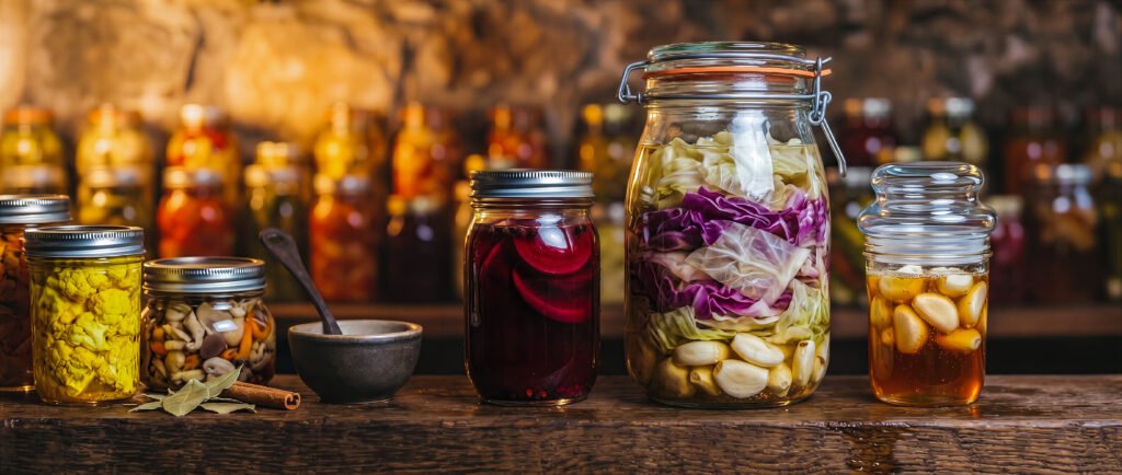 Glasskrukker med fermentert mat og holdbar konservering for beredskap på Ressurs Gård i Norge